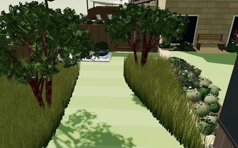 The lower lawn between two planted borders, in 3D